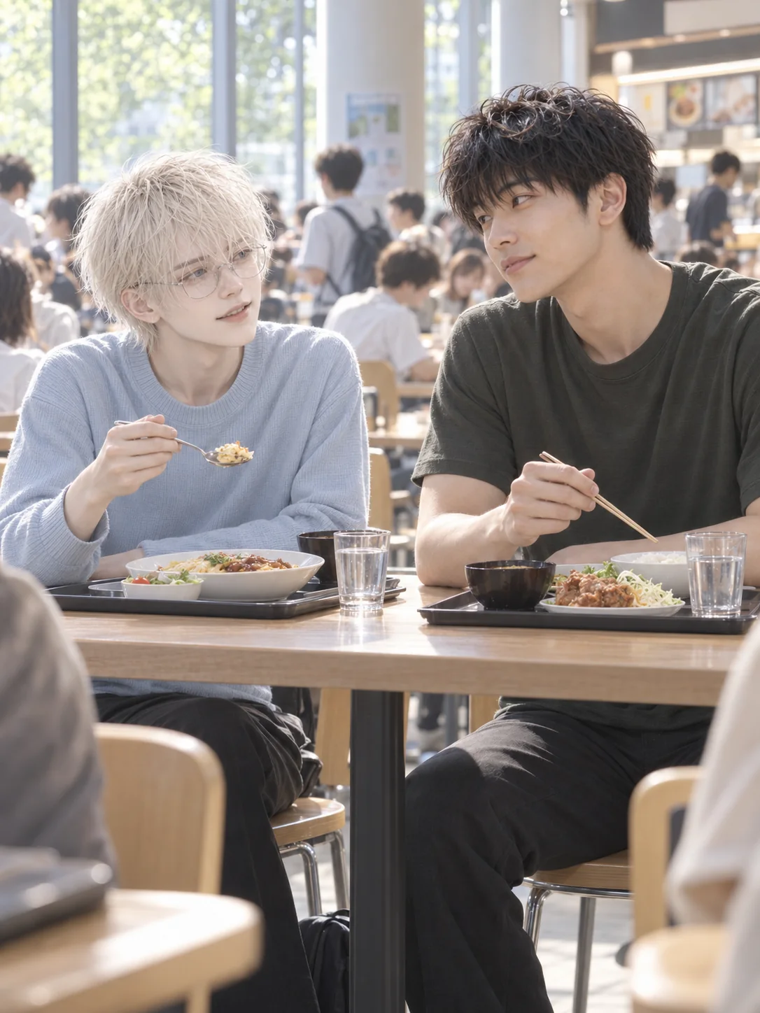 大学の食堂で顔を見合わせる蒼と遥陽